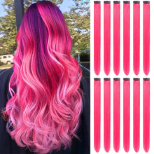 Load image into Gallery viewer, FH 20 inches straight hot pink synthetic hair extension clip in 6 pcs on set