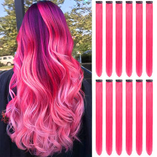 FH 20 inches straight hot pink synthetic hair extension clip in 6 pcs on set