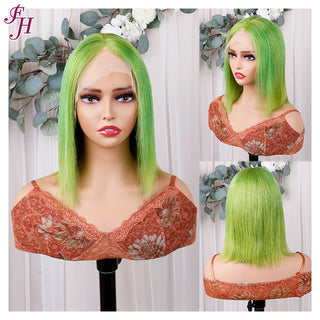 FH green color straight bob wig lace frontal human hair wig