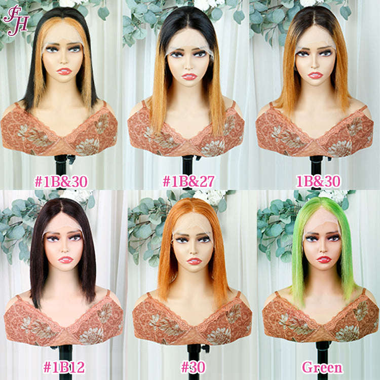 FH green color straight bob wig lace frontal human hair wig