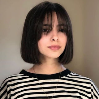 Creamily Short Bob Wigs with Bangs Brazilian Silky Straight Remy Human Hair 379