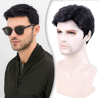 Creamily Mens Wig Short Black Hair Wig with Bangs Layered Curly Wigs 070