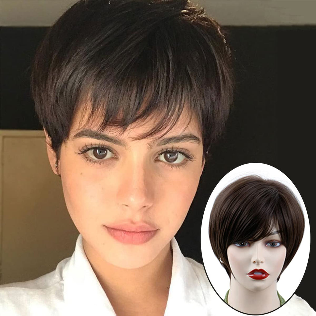 Creamily Coffee Brown Short Pixie Cut Wig with Bangs 330