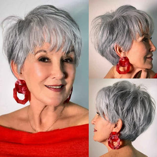 Creamily Short Wigs Pixie Cut Wigs with Bangs Short Grey Layered Wavy Wigs 547