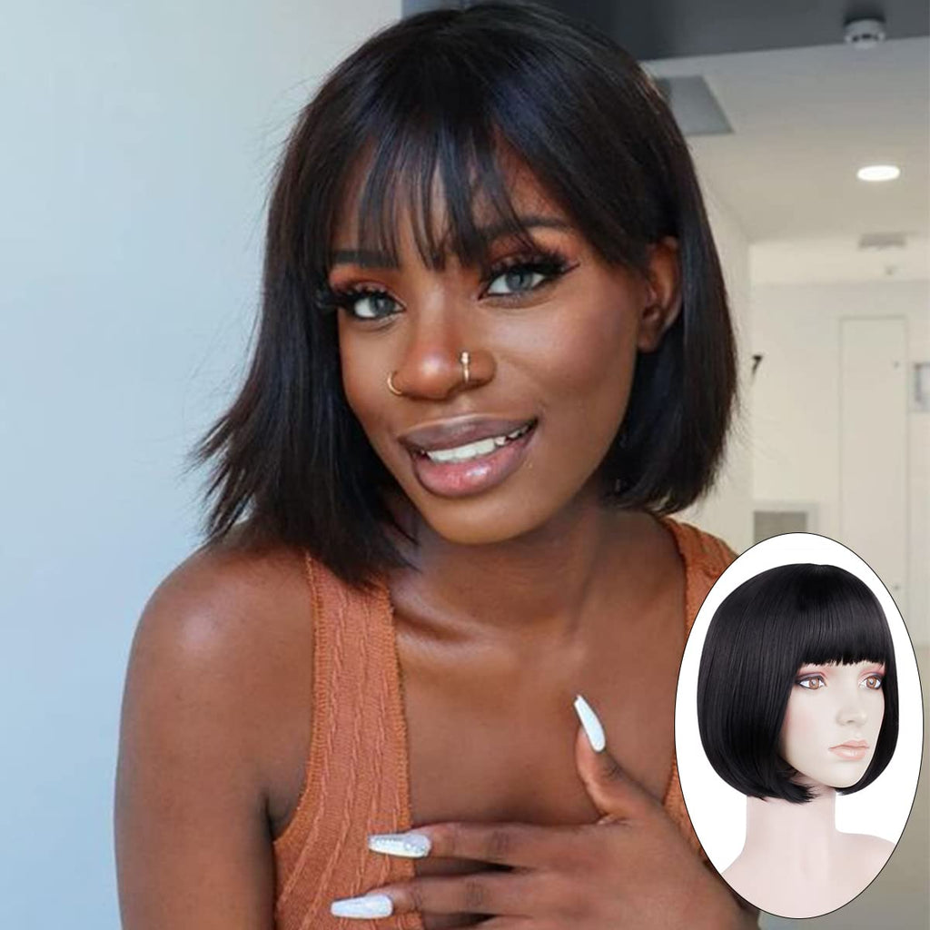 Creamily 10 inches Short Bob Wigs with Flat Bangs Straight Synthetic Natural Black Wig 453