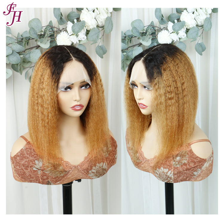 FH kinky straight T part bob wig 1B&30 human hair wig