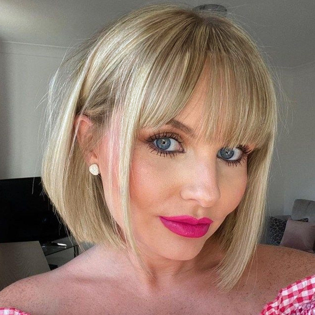 Creamily Short Straight Bob Wig with Bangs Ombre Blonde Hair Wigs 872