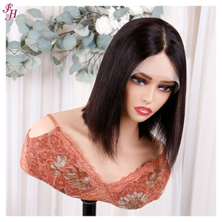 FH natural black short bob lace frontal human hair wig