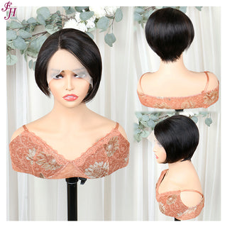 FH T part lace closure natural black pixie human hair wig
