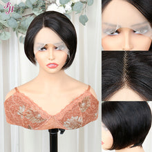 FH T part lace closure natural black pixie human hair wig