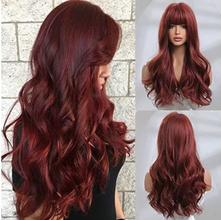 FHTK P13975 wine red long wavy bang synthetic wig