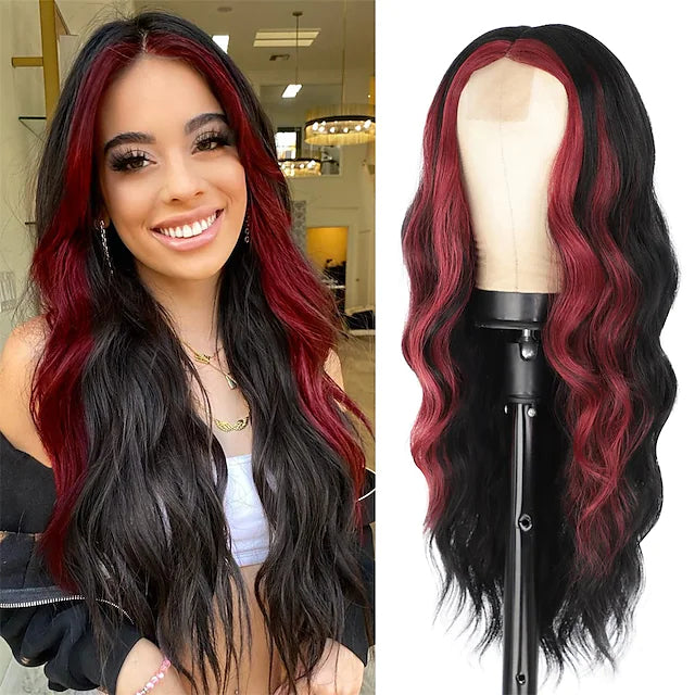 FH P14123 new arrival black and red long wavy synthetic wig