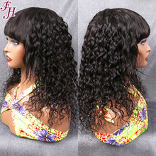 FH natural black water wave human hair machine made wig with bang