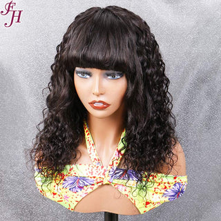 FH natural black water wave human hair machine made wig with bang