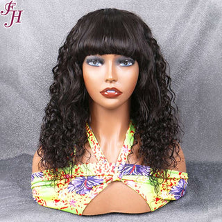FH natural black water wave human hair machine made wig with bang